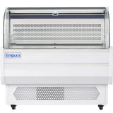 A large, white Empura refrigeration display freezer with a clear curved glass front, flat top, and perforated vent panel at the bottom; the clean interior is designed as a refrigerated display case for showcasing chilled or frozen products.