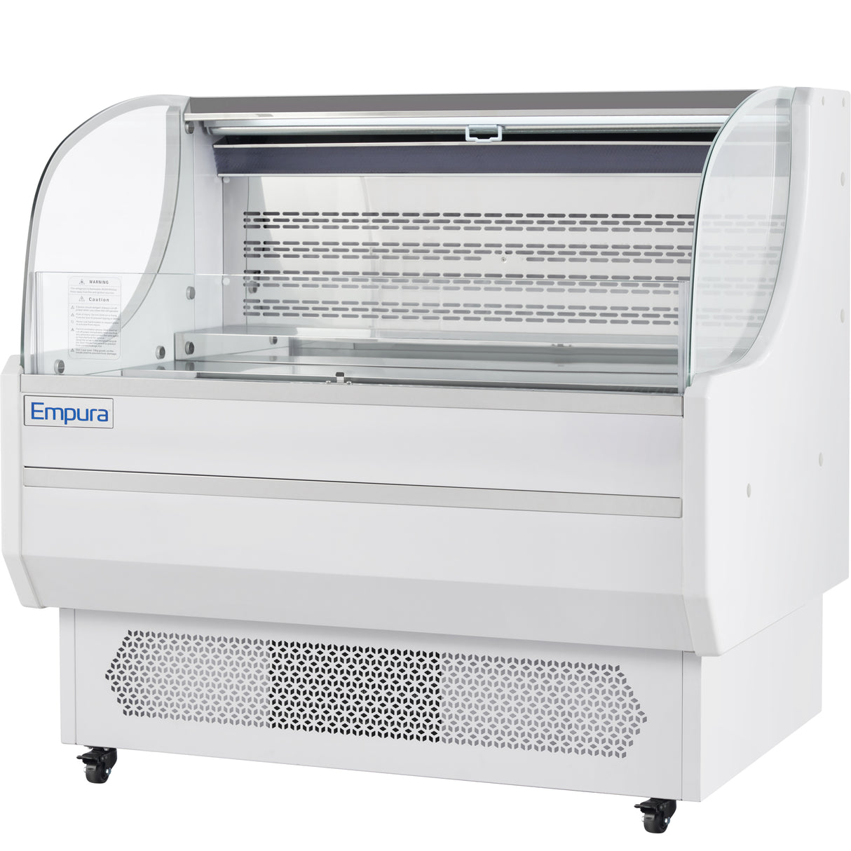 A commercial Empura Refrigeration display case with a curved glass front, white exterior, and bottom ventilation grills. This refrigerated display case sits on wheels and features clear shelves for displaying items in an open air merchandiser style.