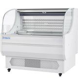 A commercial Empura Refrigeration display case with a curved glass front, white exterior, and bottom ventilation grills. This refrigerated display case sits on wheels and features clear shelves for displaying items in an open air merchandiser style.