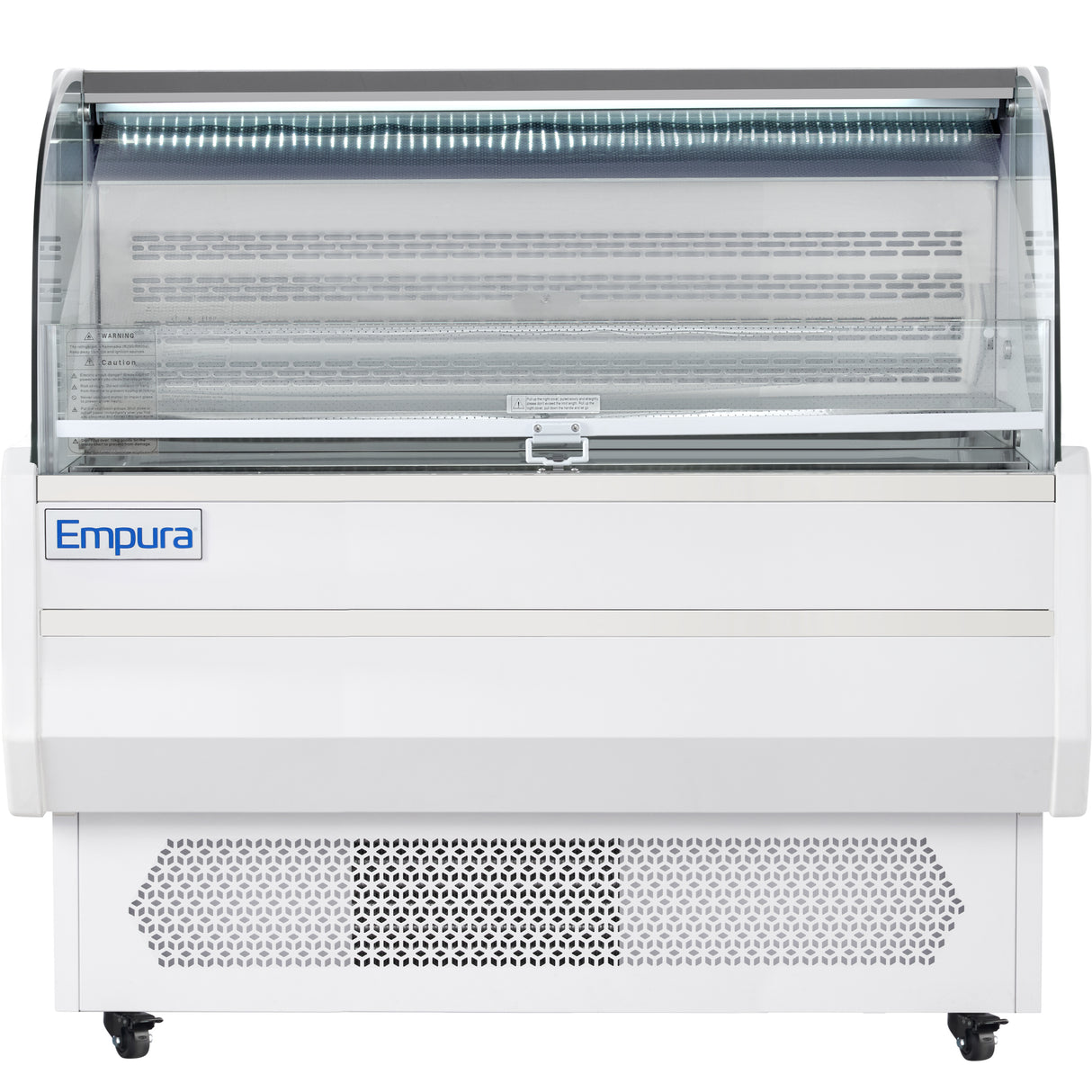 A commercial Empura Refrigeration display case with a curved glass front, white exterior, and vented base. The well-lit interior has shelves for showcasing food. The brand name appears on the front left panel. This refrigerated display case is empty.