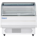 A commercial Empura Refrigeration display case with a curved glass front, white exterior, and vented base. The well-lit interior has shelves for showcasing food. The brand name appears on the front left panel. This refrigerated display case is empty.