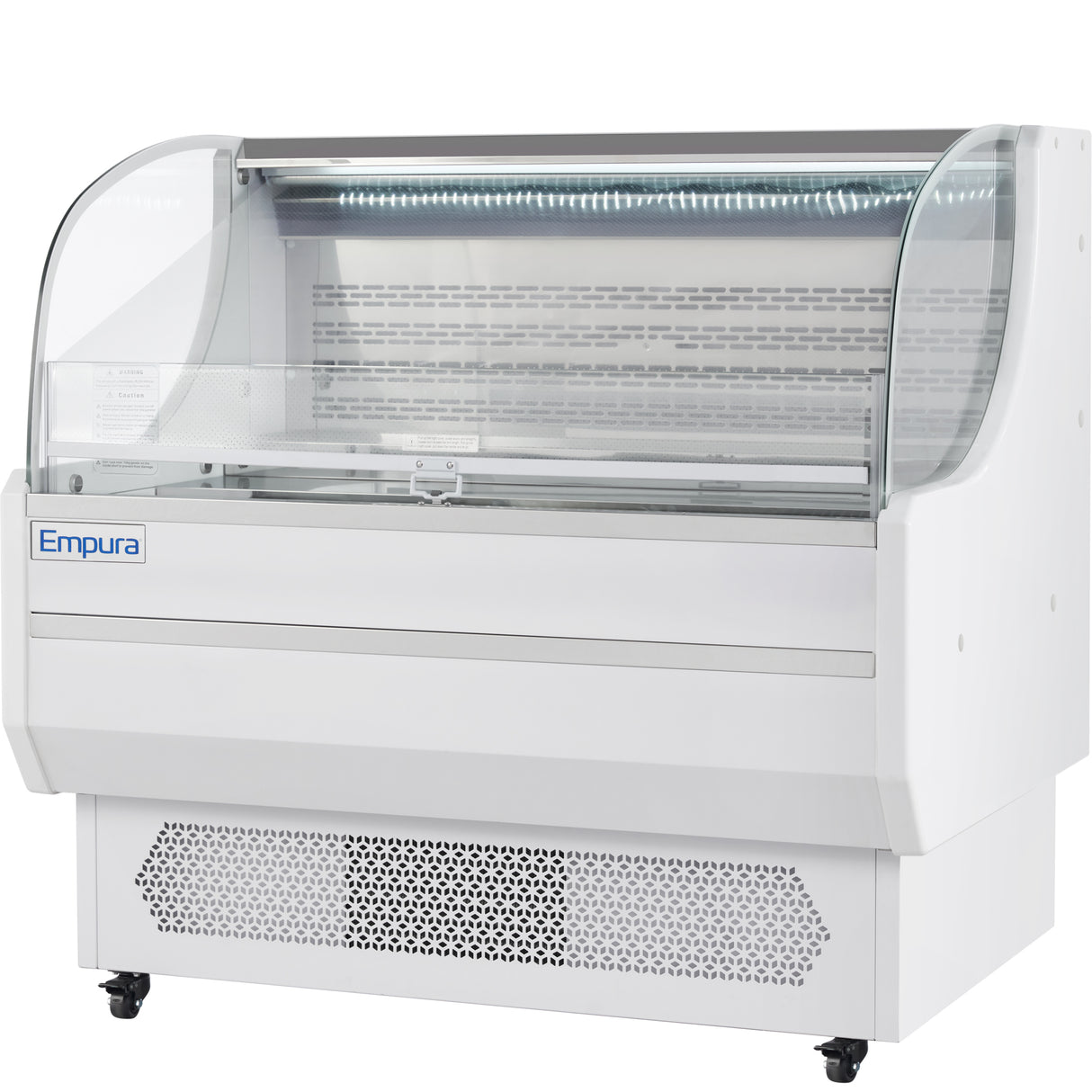 A refrigerated display case by Empura refrigeration with a curved glass front, white exterior, and ventilated base, designed for showcasing chilled food products. Features interior lighting and adjustable glass shelves—ideal as an open air merchandiser.