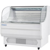 A refrigerated display case by Empura refrigeration with a curved glass front, white exterior, and ventilated base, designed for showcasing chilled food products. Features interior lighting and adjustable glass shelves—ideal as an open air merchandiser.