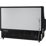 A large, rectangular commercial ice machine by Empura Refrigeration features a silver front panel, black sides, and ventilation grilles at the bottom. It sits on small wheels with a control panel and warning label on the left, plus a water hose attached to the right side.