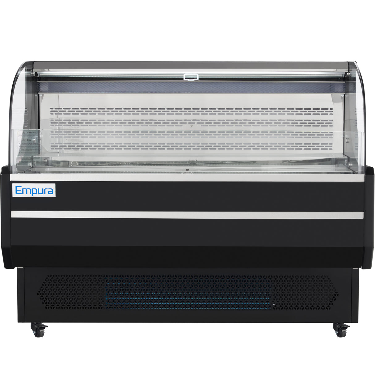 A large, black Empura Refrigeration display case with a curved glass front and metal shelves. This refrigerated display case features an open air merchandiser design on wheels, perfect for showcasing chilled food in commercial settings.