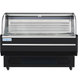 A large, black Empura Refrigeration display case with a curved glass front and metal shelves. This refrigerated display case features an open air merchandiser design on wheels, perfect for showcasing chilled food in commercial settings.