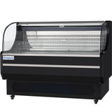 A commercial Empura Refrigeration open air merchandiser with a curved glass front, black exterior, and silver accents. It stands on wheels, with interior shelves and back vent visible—perfect for showcasing food items.