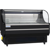 A large, black Empura Refrigeration 59 Inch Refrigerated Display case with curved glass front and sides. It features a vented base with wheels, a sliding glass door at the back, and an interior ideal for showcasing food or products.