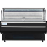 Refrigerated display case with a curved glass top, black body, silver trim, and Empura Refrigeration branding on the front. The display area is empty, and the unit is mounted on wheels for easy mobility.