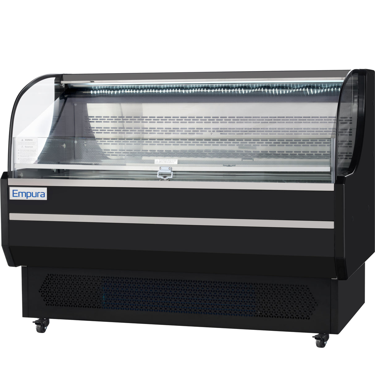 A large, black Empura Refrigeration open air merchandiser with a curved glass front. The commercial refrigerated display case features empty metal shelving, bright LED lighting, and wheels for easy mobility.