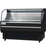 A large, black Empura Refrigeration open air merchandiser with a curved glass front. The commercial refrigerated display case features empty metal shelving, bright LED lighting, and wheels for easy mobility.