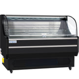 A large, black Empura Refrigeration display case with a curved glass front. This refrigerated display case features mirrors, LED lighting, metal shelving, and small wheels—ideal for showcasing food in any commercial setting.