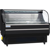 A large, black Empura Refrigeration display case with a curved glass front. This refrigerated display case features mirrors, LED lighting, metal shelving, and small wheels—ideal for showcasing food in any commercial setting.