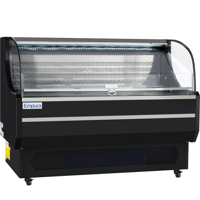 A large, black Empura Refrigeration display case with a curved glass front. This refrigerated display case features mirrors, LED lighting, metal shelving, and small wheels—ideal for showcasing food in any commercial setting.