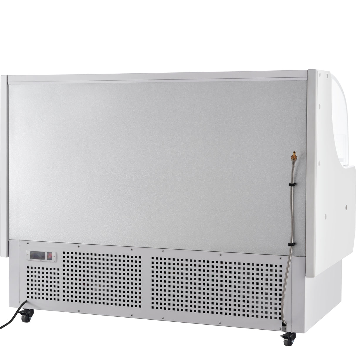 This Empura refrigeration open air merchandiser features a silver metallic back panel, ventilation grilles at the bottom, digital controls on the lower left, smooth surfaces, wheels for mobility, and a curved edge on the right side.