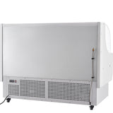 This Empura refrigeration open air merchandiser features a silver metallic back panel, ventilation grilles at the bottom, digital controls on the lower left, smooth surfaces, wheels for mobility, and a curved edge on the right side.