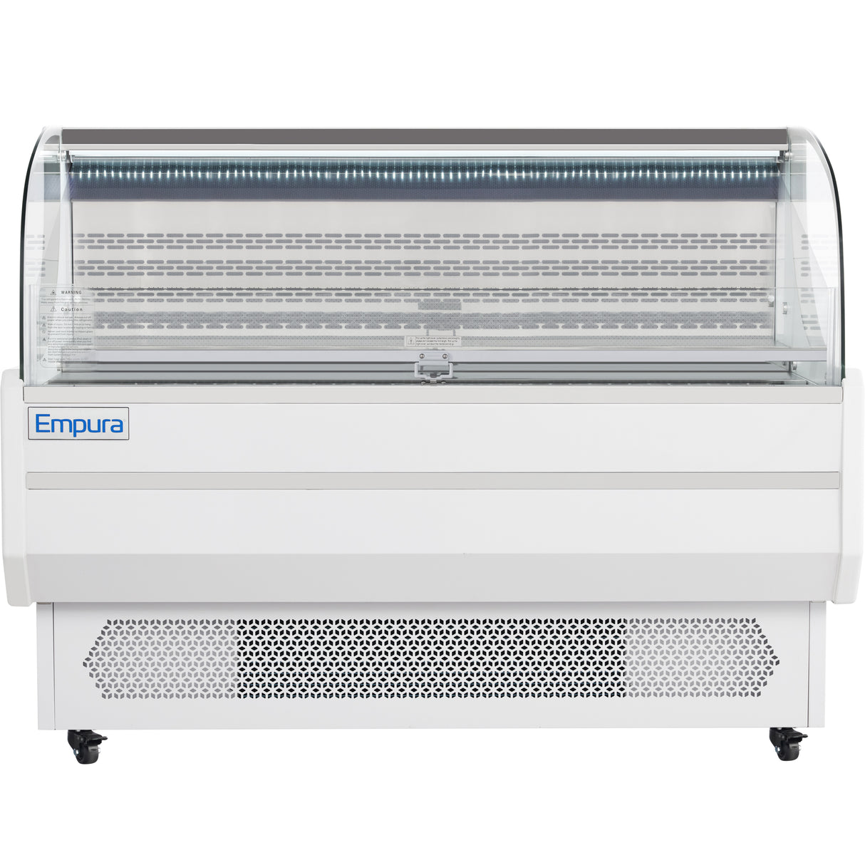 A commercial refrigerated display case with a curved glass front, white exterior, and ventilation grille below features the Empura Refrigeration logo. The interior has multiple shelves, perfect for showcasing chilled products.