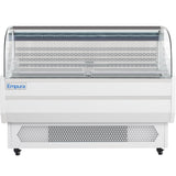A commercial refrigerated display case with a curved glass front, white exterior, and ventilation grille below features the Empura Refrigeration logo. The interior has multiple shelves, perfect for showcasing chilled products.