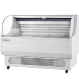 A commercial Empura Refrigeration display case, featuring a curved glass front, white body, perforated lower panel for ventilation, and caster wheels. The open air merchandiser offers a clear view and flat surface for showcasing chilled food items.