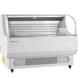 A large white Empura refrigeration display case with a curved glass front, vented base, and brand name on the side. This refrigerated display case is empty, with upper and lower shelves visible, and sits on four caster wheels for mobility.