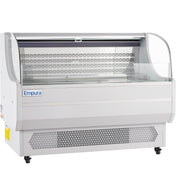 A large white Empura refrigeration display case with a curved glass front, vented base, and brand name on the side. This refrigerated display case is empty, with upper and lower shelves visible, and sits on four caster wheels for mobility.