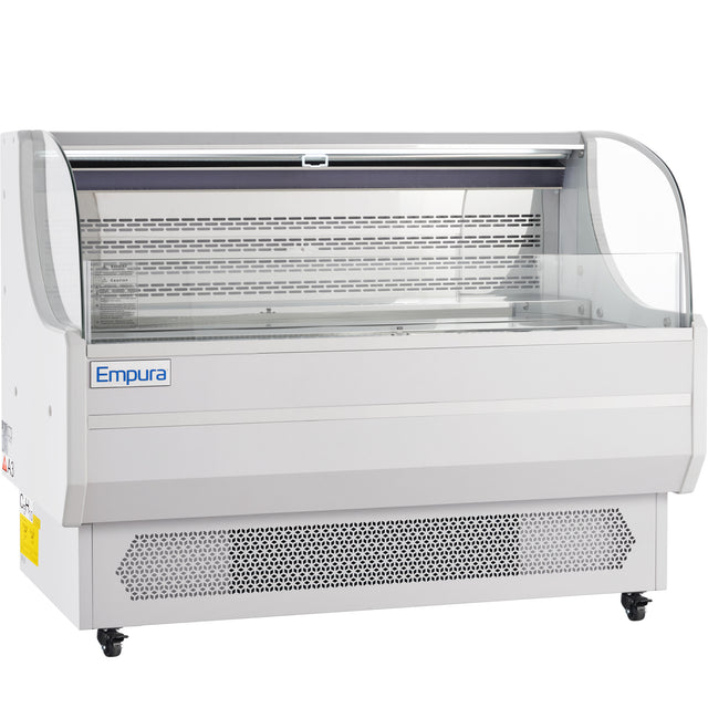 A large white Empura refrigeration display case with a curved glass front, vented base, and brand name on the side. This refrigerated display case is empty, with upper and lower shelves visible, and sits on four caster wheels for mobility.