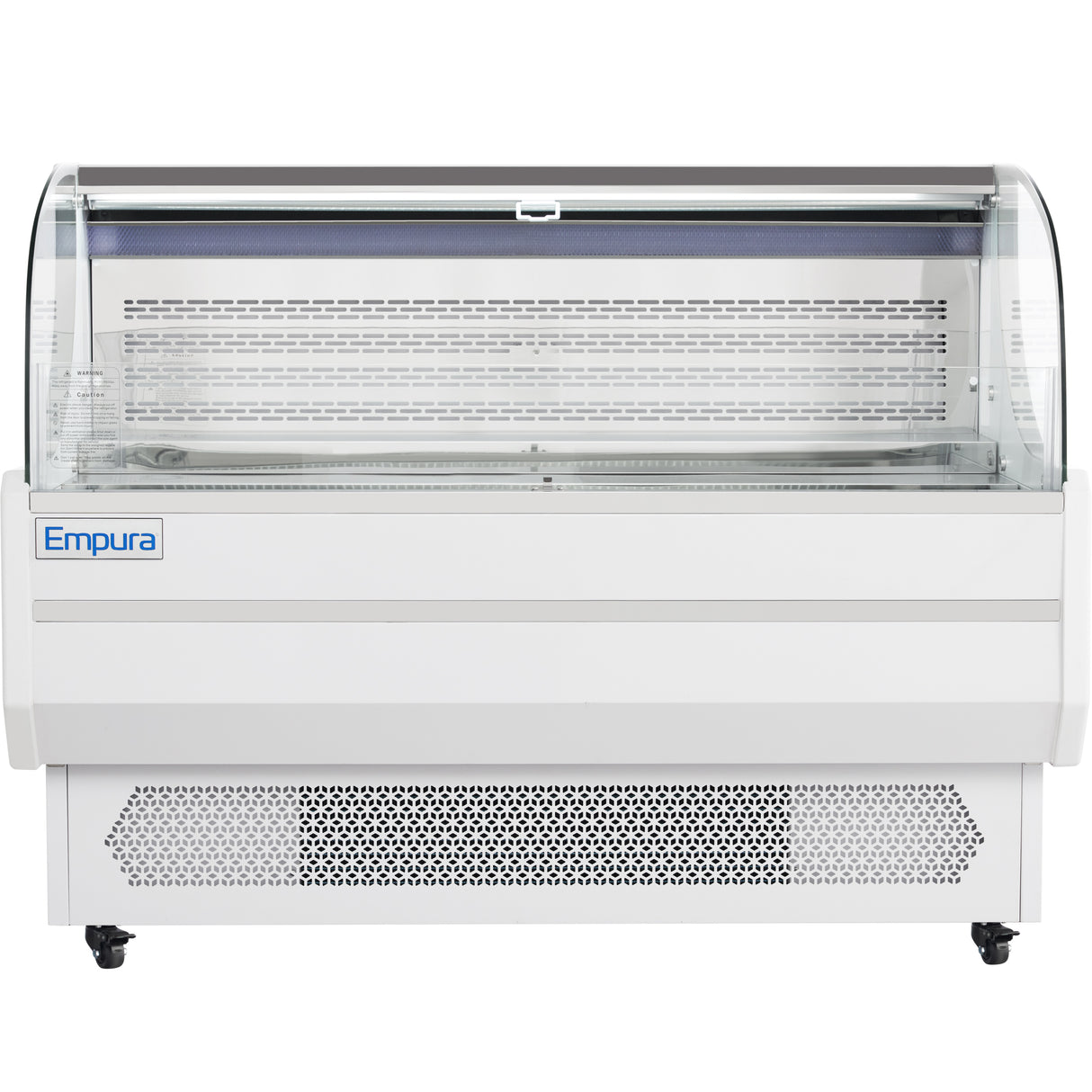 A commercial refrigerated display case with a curved glass front, white body, perforated lower front panel, and Empura refrigeration branding. The unit features glass shelves and is mounted on black wheels.