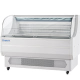 A large, white Empura Refrigeration display case with a curved glass front and top, interior shelves, and ventilation grilles below—perfect for showcasing chilled food items in any commercial setting.