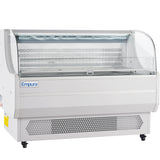 A commercial refrigerated display case from Empura Refrigeration, white with a curved glass front and top, metal vents at the base, and interior lighting for showcasing perishable items in stores or delis. The unit is mounted on small black wheels.