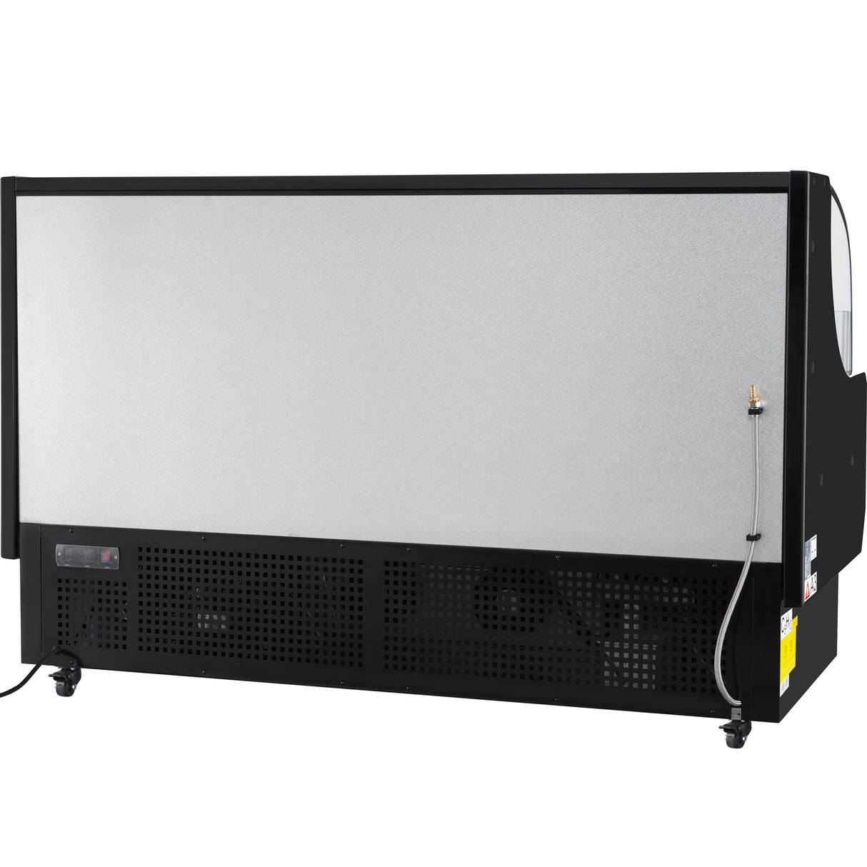 A commercial ice cream or gelato freezer, such as the Empura E-HACMR-71B refrigerated display case, features a plain silver back panel, black frame, ventilation grilles, small wheels, an electric cord, and hose connection on the right side.