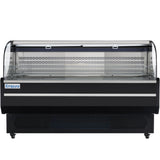 A large, black and silver Empura E-HACMR-71B open air merchandiser with a curved glass front, open interior shelving, and the Empura label on the left; ideal for showcasing chilled food items in retail or food service settings.