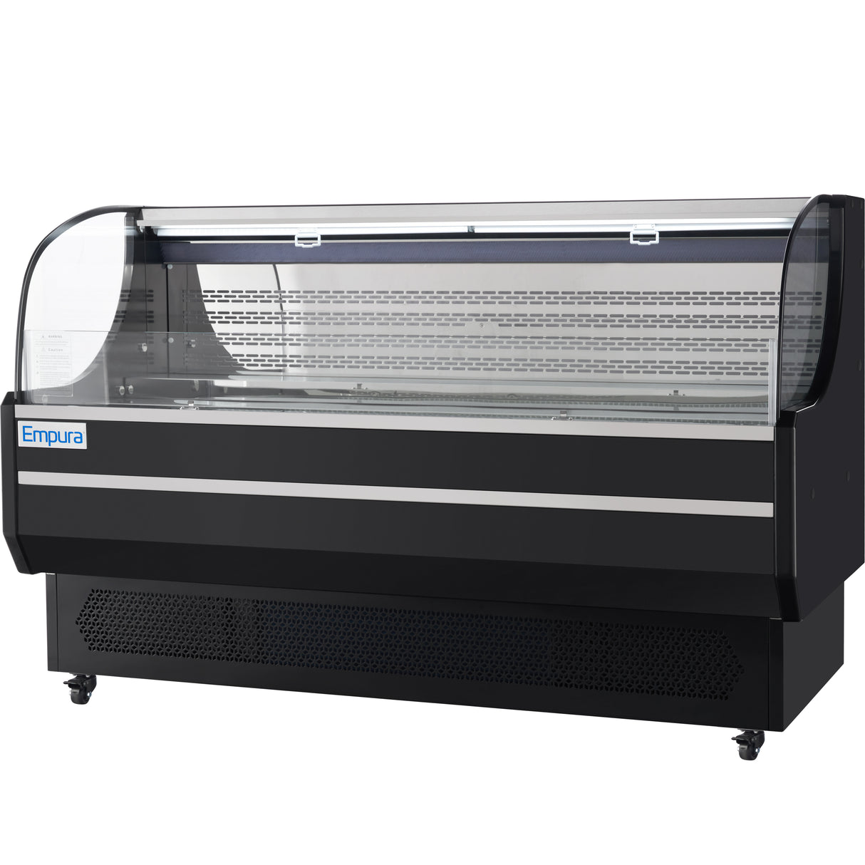 A large, black Empura Refrigeration display case with curved glass front and sides features ventilated shelving and a solid black base. This refrigerated display case is ideal for showcasing food items in a retail or deli setting.