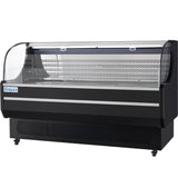 A large, black Empura Refrigeration display case with curved glass front and sides features ventilated shelving and a solid black base. This refrigerated display case is ideal for showcasing food items in a retail or deli setting.