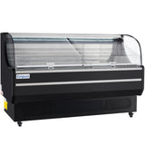 A black Empura Refrigeration display case with curved glass front, internal shelves, and LED lighting. This refrigerated display case is empty, on wheels, and ideal for showcasing food items in grocery stores or delis.