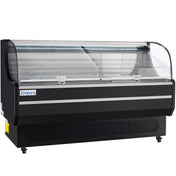 A black Empura Refrigeration display case with curved glass front, internal shelves, and LED lighting. This refrigerated display case is empty, on wheels, and ideal for showcasing food items in grocery stores or delis.