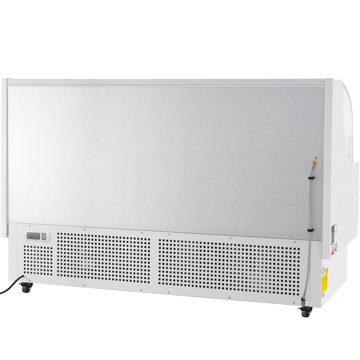 A large, rectangular Empura Refrigeration unit is shown from the back. The metallic back panel features a vented section at the bottom, an electrical cord, and a thin hose or wire attached—highlighting its utilitarian, industrial design.