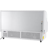 A large, rectangular Empura Refrigeration unit is shown from the back. The metallic back panel features a vented section at the bottom, an electrical cord, and a thin hose or wire attached—highlighting its utilitarian, industrial design.