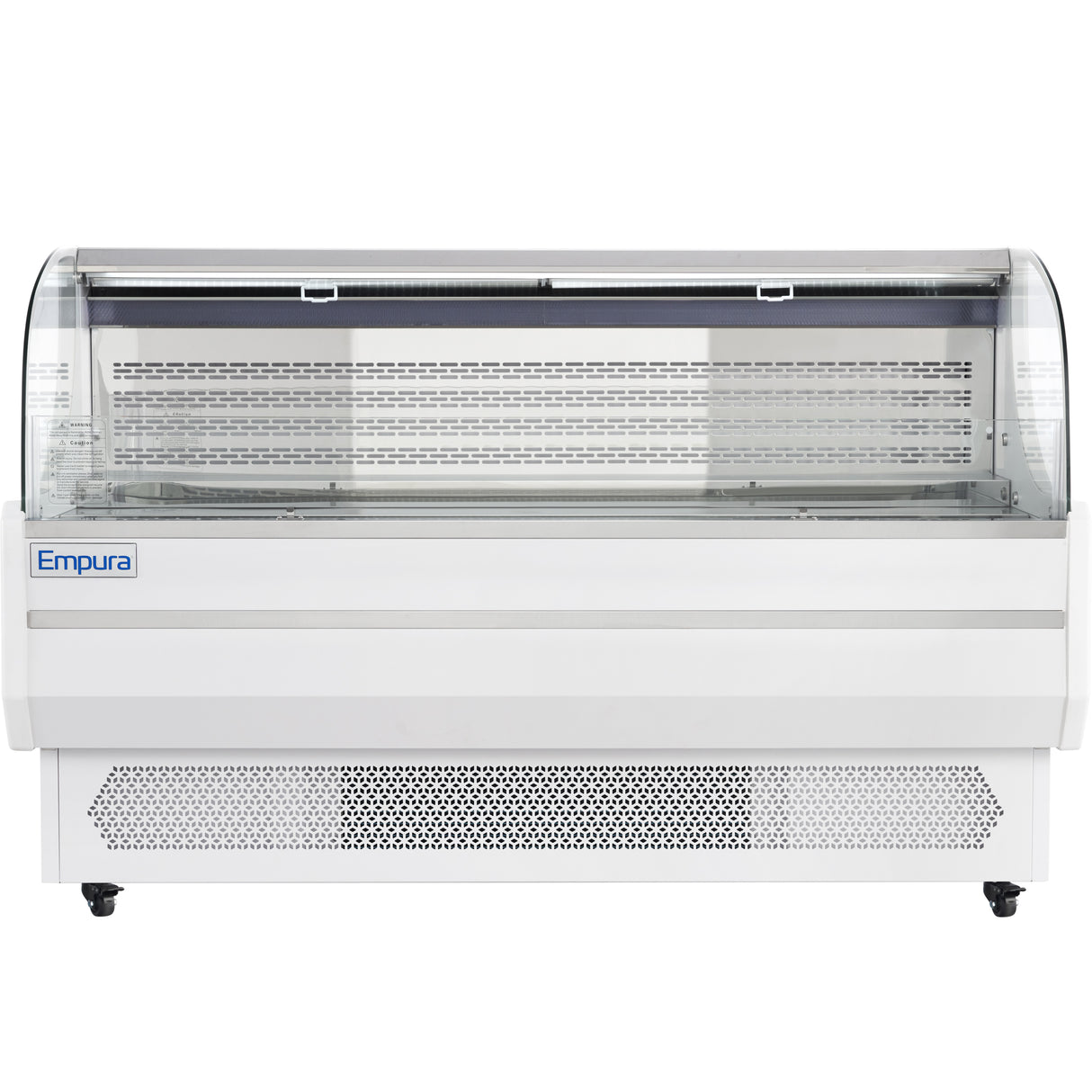 A large, white Empura Refrigeration open air merchandiser with a curved glass front, LED display, and ventilation grilles at the bottom. Interior shelving is empty, perfect for showcasing chilled food items. Brand name Empura is on the left side.