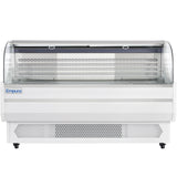 A large, white Empura Refrigeration open air merchandiser with a curved glass front, LED display, and ventilation grilles at the bottom. Interior shelving is empty, perfect for showcasing chilled food items. Brand name Empura is on the left side.