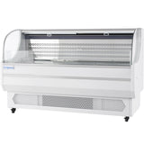 A large, white Empura Refrigeration open air merchandiser features a curved glass front, vented base, interior shelves, and wheels. The LED display enhances visibility. Perfect for showcasing perishable foods; the case is empty and ready for use.