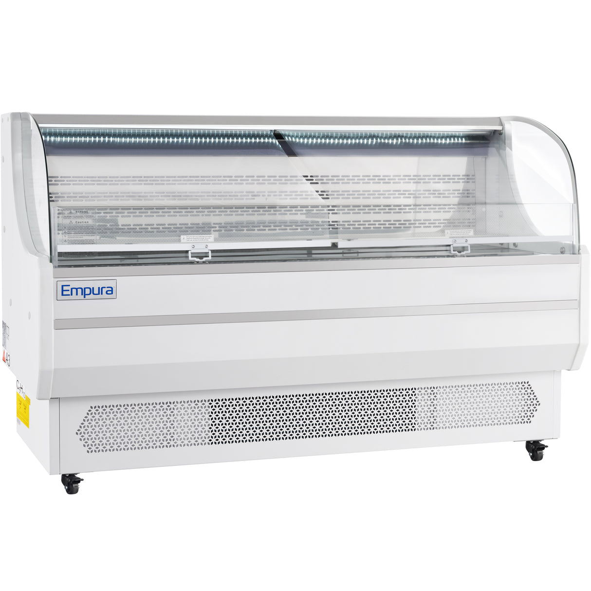 A large, white Empura Refrigeration open air merchandiser with a curved glass front and 15.9 cu. ft. capacity features a vented base, interior shelving, bright lighting, and small black wheels—perfect for displaying chilled food items.