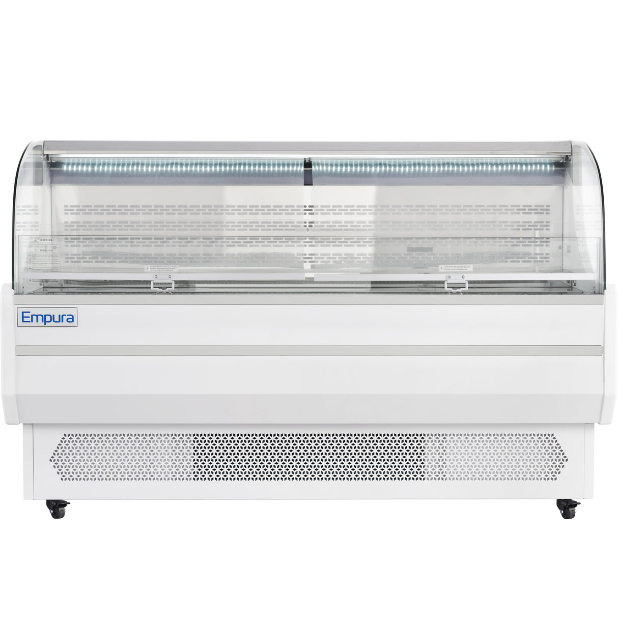 A commercial Empura Refrigeration display case with a curved glass front, white exterior, vented base, and interior LED display lighting. This open air merchandiser is ideal for showcasing chilled foods like deli items or desserts.