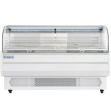 A commercial Empura Refrigeration display case with a curved glass front, white exterior, vented base, and interior LED display lighting. This open air merchandiser is ideal for showcasing chilled foods like deli items or desserts.