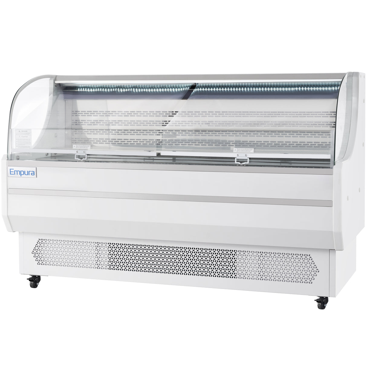 A large, white Empura Refrigeration display case with a curved glass front, LED display, metal shelving, and side panels stands on four wheels—perfect for showcasing chilled food items in stores.