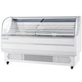 A large, white Empura Refrigeration display case with a curved glass front, LED display, metal shelving, and side panels stands on four wheels—perfect for showcasing chilled food items in stores.