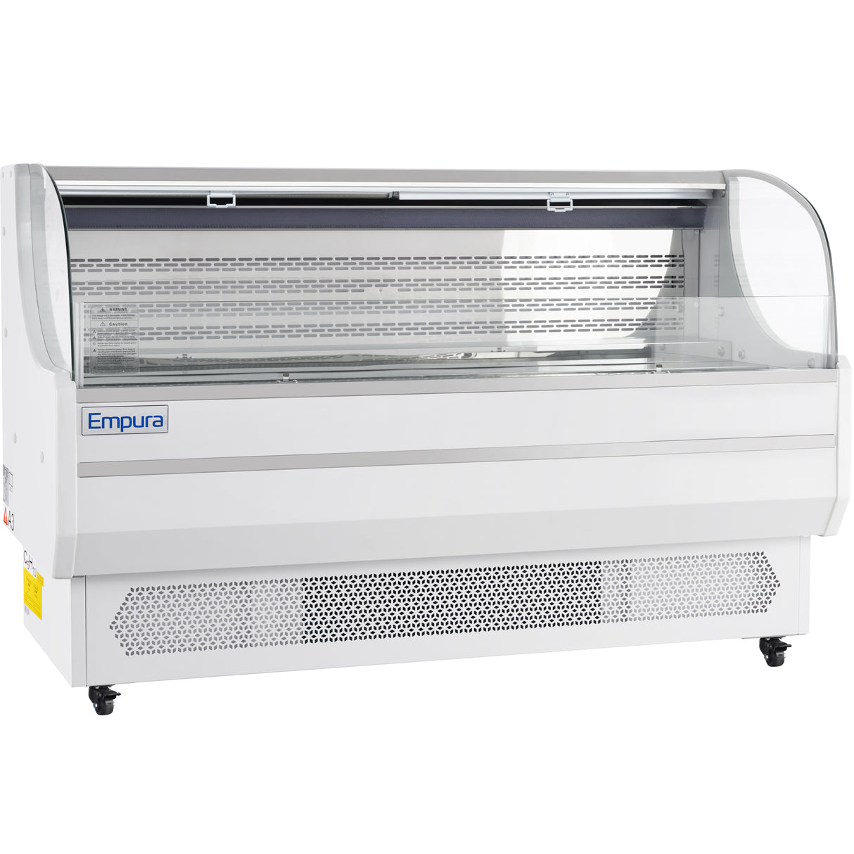 A large, white Empura Refrigeration open air merchandiser with a curved glass front and sides, metal shelves inside, LED display, vented lower panel, and small wheels at the base. The unit is empty and ideal for showcasing food items.