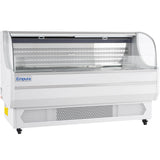 A large, white Empura Refrigeration open air merchandiser with a curved glass front and sides, metal shelves inside, LED display, vented lower panel, and small wheels at the base. The unit is empty and ideal for showcasing food items.