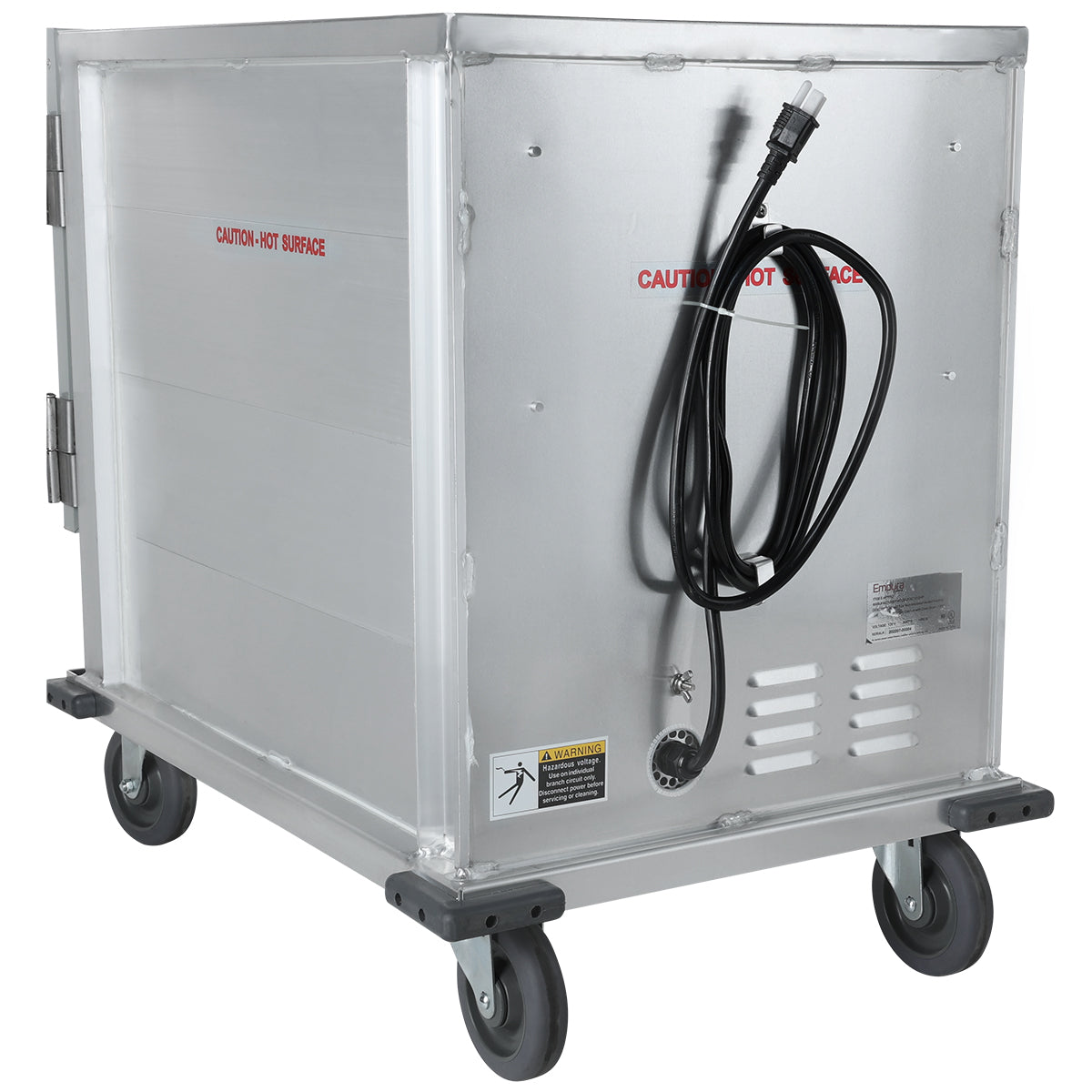 A large metal proofing cabinet with four gray wheels, a side door, and an electric cord coiled on the front. Warning labels and “CAUTION - HOT SURFACE” are printed in red text. This heated holding cabinet offers mobility and industrial durability.