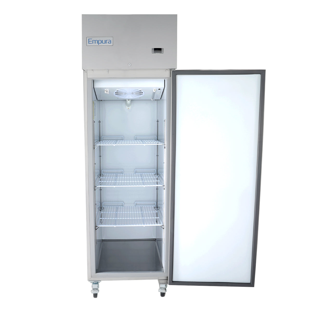 A tall Empura Refrigeration commercial refrigerator stands open, revealing three empty wire shelves, an interior light, and a fan at the top. The bright white paneled door opens to the right, and the reach-in unit is set on four wheels.