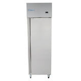 A tall, stainless steel Empura Refrigeration reach-in refrigerator features a single solid door, top-mounted control panel, and small wheels at the base. The Empura brand name is displayed on the upper section of this commercial refrigerator.